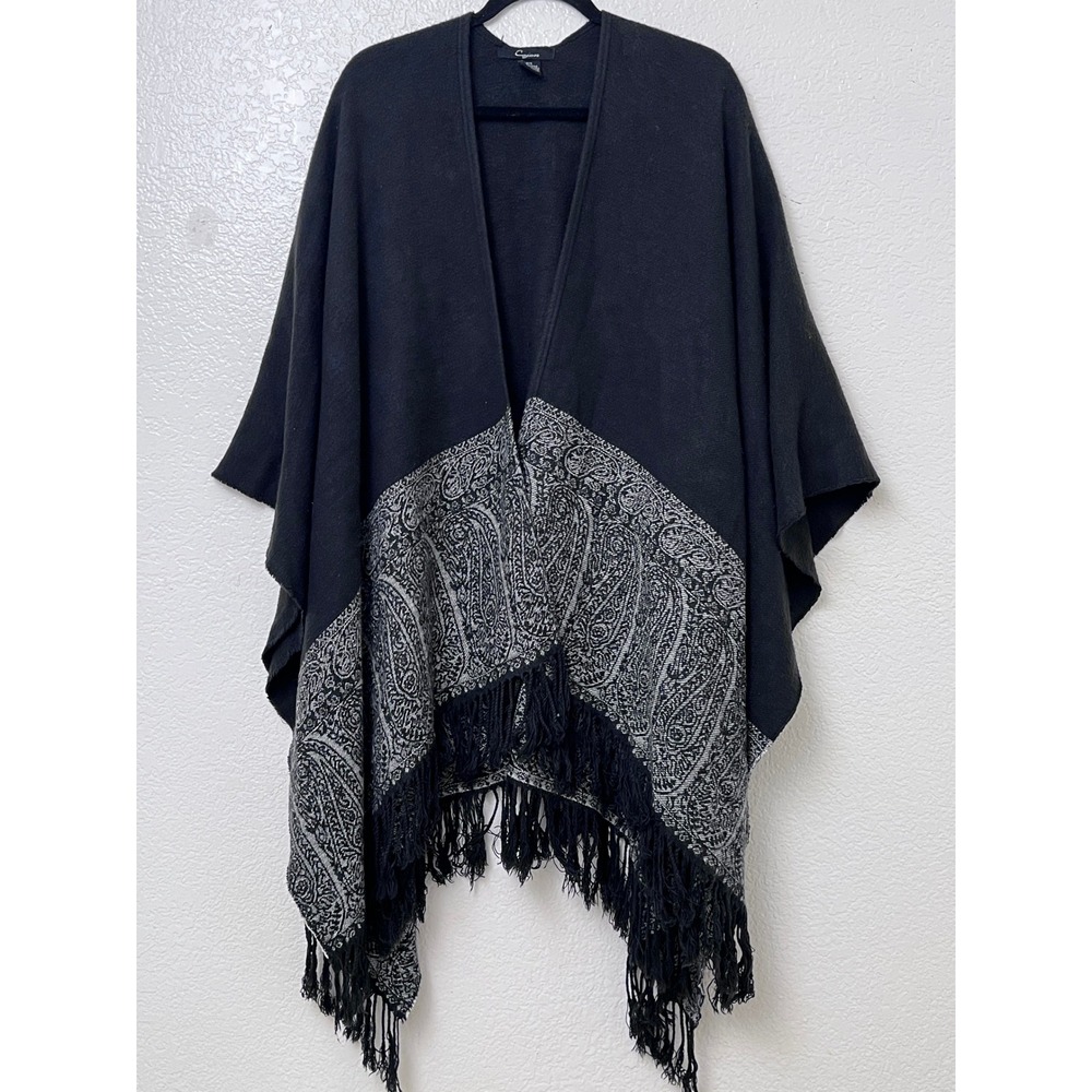 Cejon Womens Black Paisley Fringed Cape Shawl Poncho One Size‎ Open Front